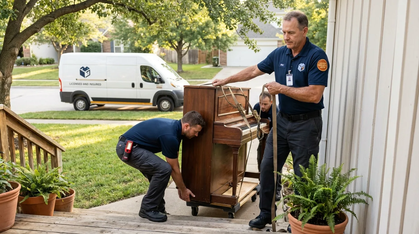 Licensed piano movers securing grand piano in Savage, MD