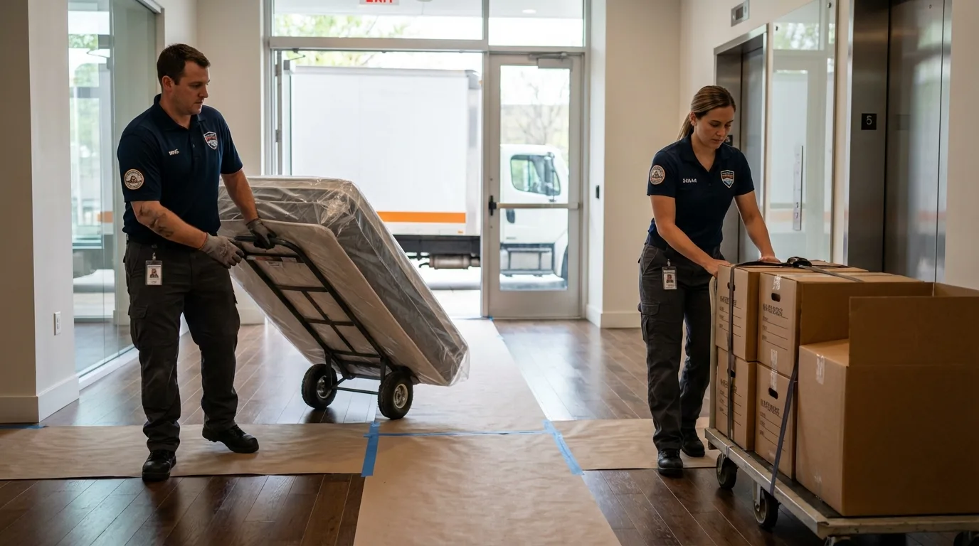 Professional apartment movers loading elevator in Savage, MD